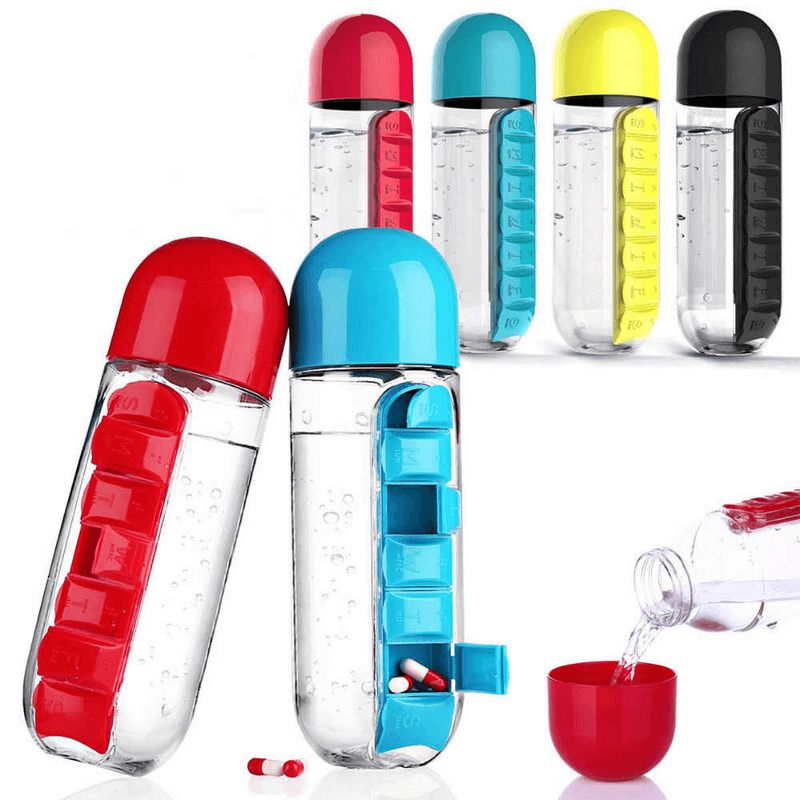 Trendora Hub Portable 2 In 1 Water Bottle With Built In 7 Day Pill Organizer
