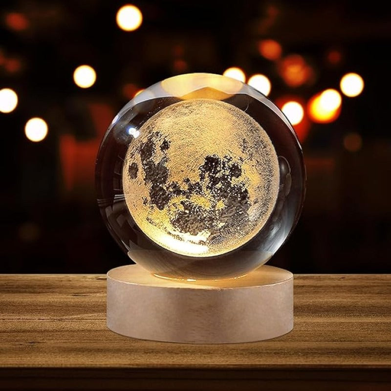 Trendora Hub 3D Galaxy Crystal Ball Lamp with Wooden LED Base in Moon Shape