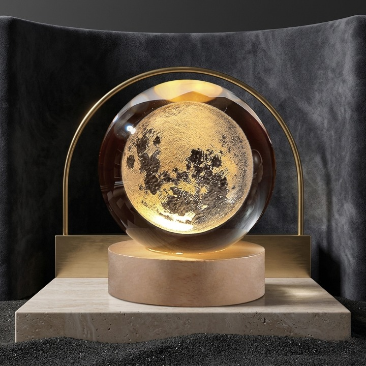 Trendora Hub 3D Galaxy Crystal Ball Lamp with Wooden LED Base in Moon Shape