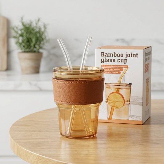 Trendora Hub Premium Amber Glass Coffee Tumbler with Glass Straw (400ml)