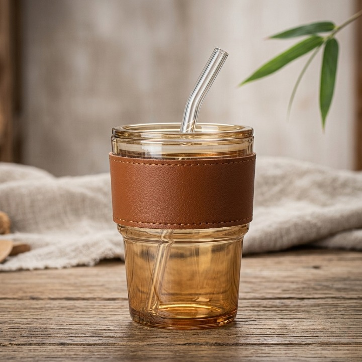 Trendora Hub Premium Amber Glass Coffee Tumbler with Glass Straw (400ml)