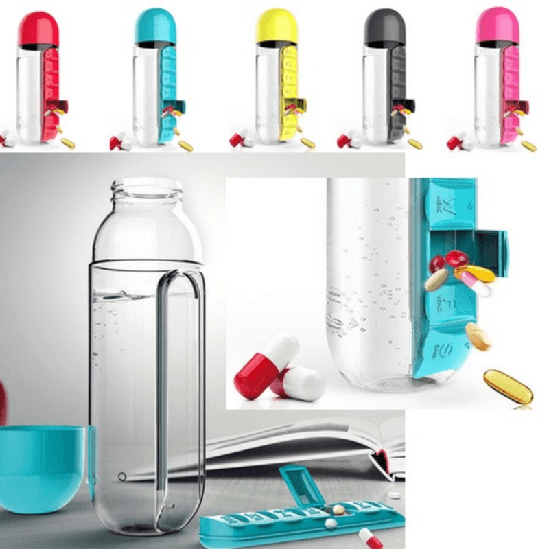 Trendora Hub Portable 2 In 1 Water Bottle With Built In 7 Day Pill Organizer