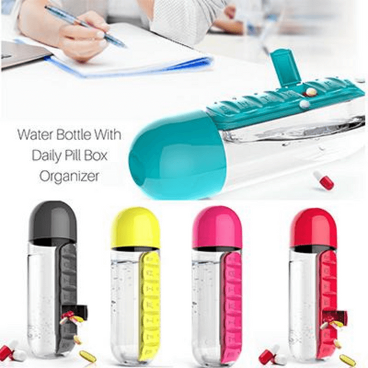 Trendora Hub Portable 2 In 1 Water Bottle With Built In 7 Day Pill Organizer