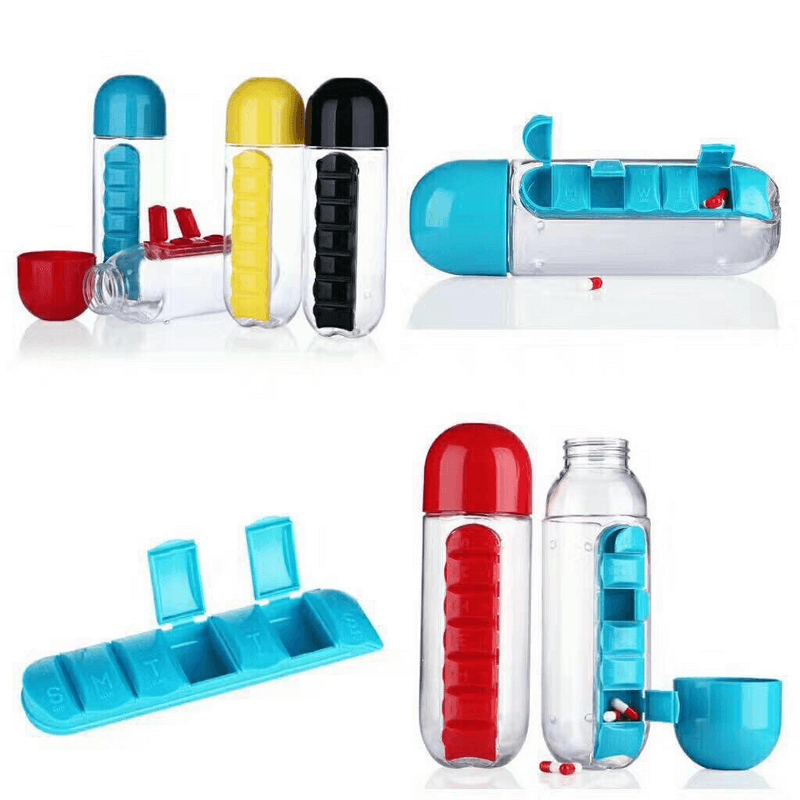 Trendora Hub Portable 2 In 1 Water Bottle With Built In 7 Day Pill Organizer