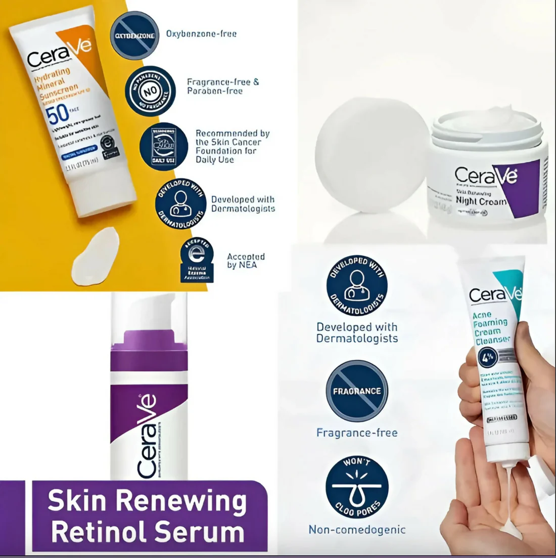 Trendora Hub CeraVe 4 In 1 Skincare Kit with Night Cream + Retinol Serum + Acne Foaming Cream Cleanser + Hydrating Mineral Sunscreen