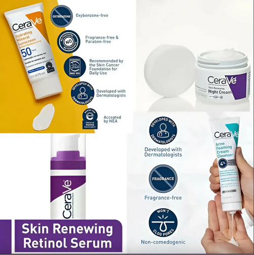 Trendora Hub CeraVe 4 In 1 Skincare Kit with Night Cream + Retinol Serum + Acne Foaming Cream Cleanser + Hydrating Mineral Sunscreen